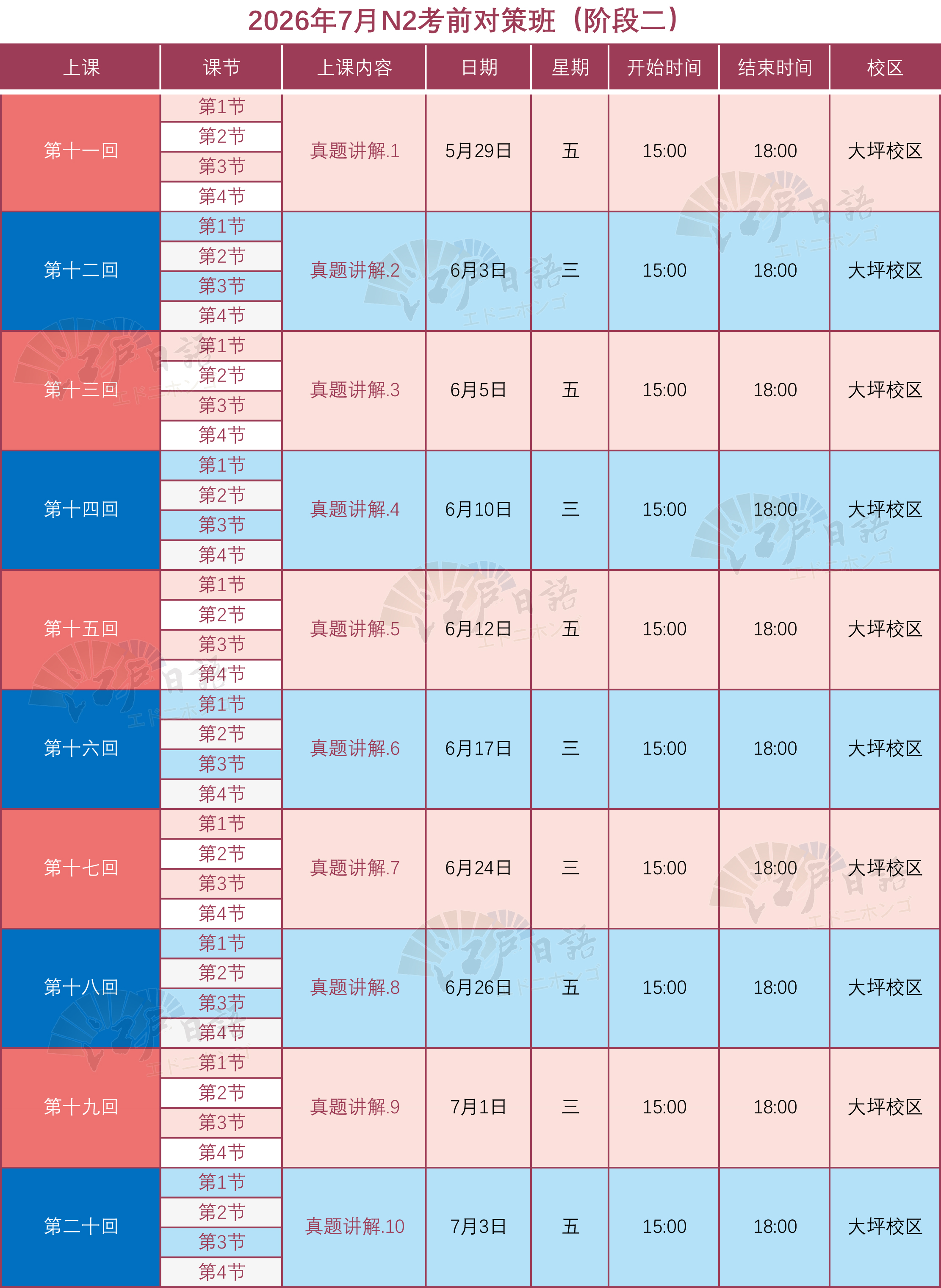 N2考前对策班上课安排1